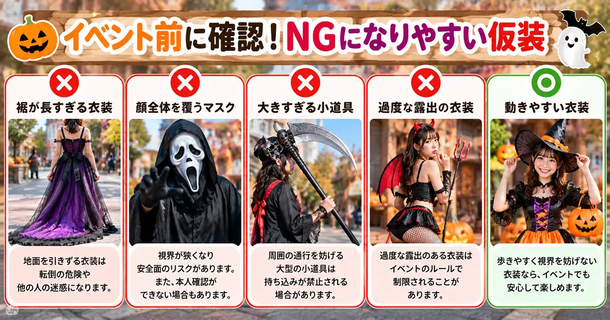 ハロウィンイベントでNGになりやすい仮装と安全な衣装を解説したイラスト