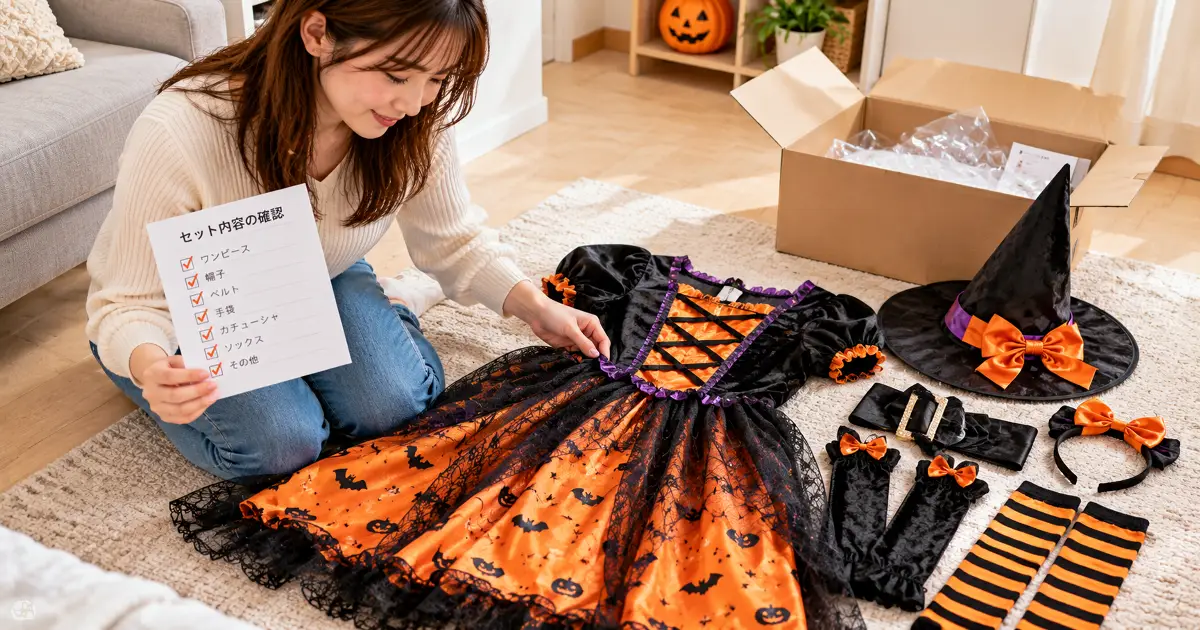 通販で届いたハロウィンコスプレ衣装と小物を床に並べて確認している様子