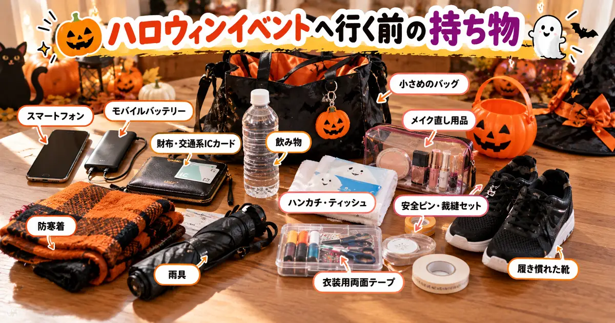 ハロウィンイベントへ行く前に準備したい持ち物を並べた画像