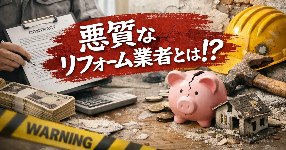契約書や現金、壊れた家の模型を背景に、悪質なリフォーム業者とはと手書き風文字で入ったアイキャッチ画像