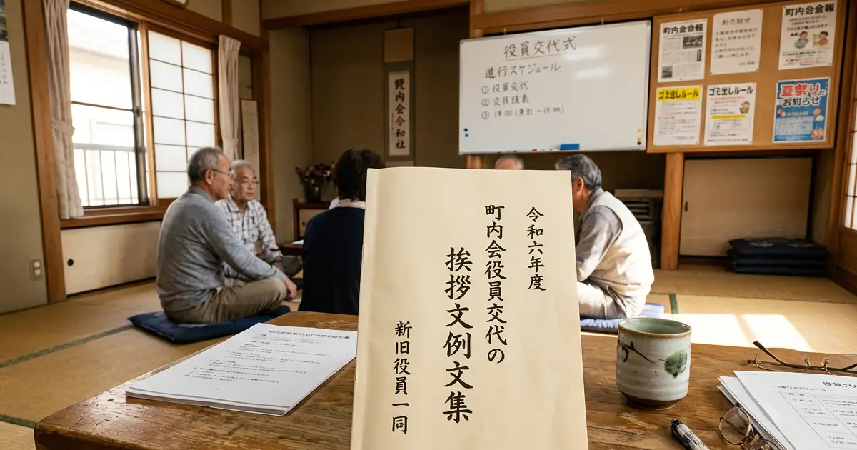 白い用紙に町内会役員交代の挨拶文例文集と手書き風文字で書かれたアイキャッチ画像