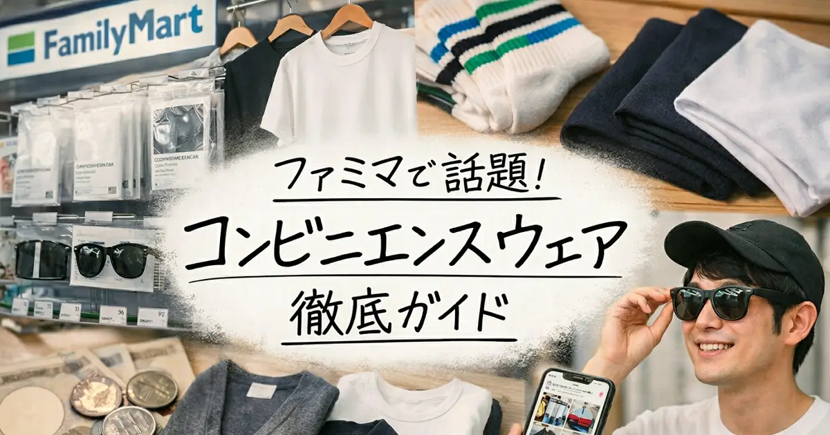 ファミマのコンビニエンスウェアはどこで買える？と書かれた、Tシャツや靴下が並ぶコンビニ店内風のアイキャッチ画像