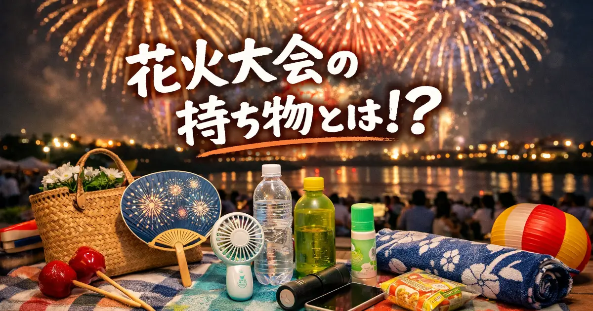 花火大会の持ち物とはと手書き風文字が入った、花火大会の持ち物を表現したアイキャッチ画像