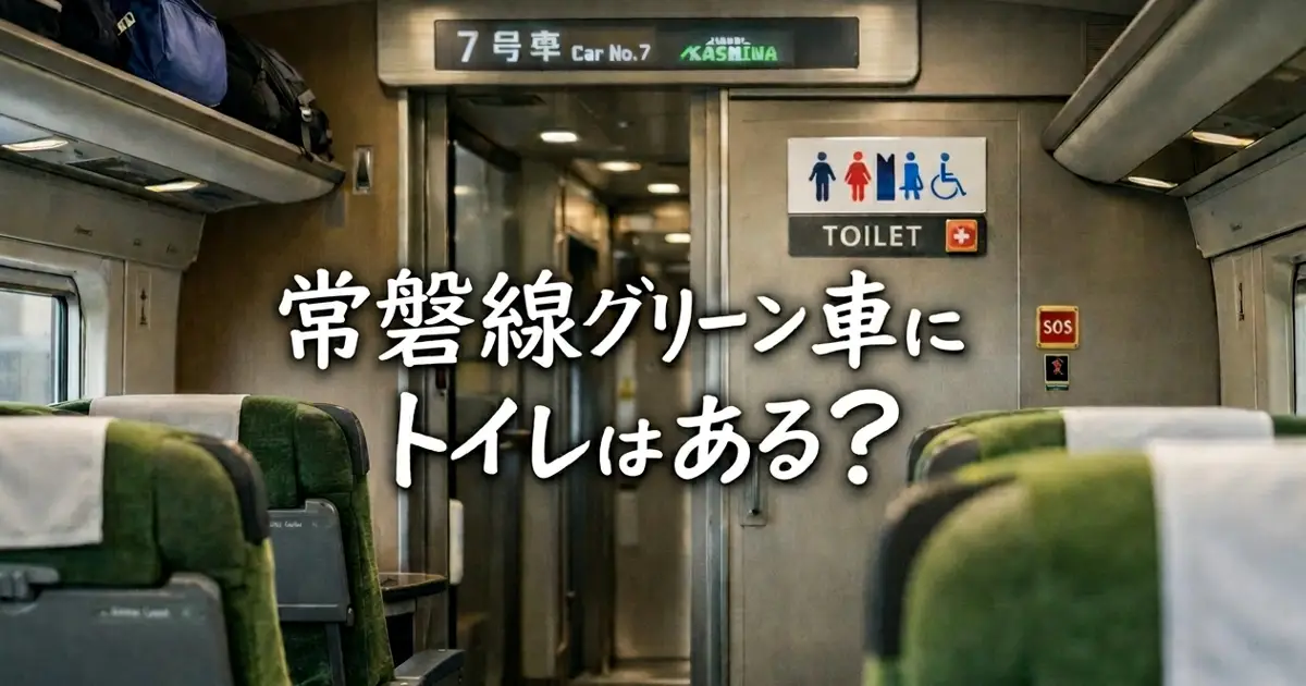 常磐線グリーン車の車内とトイレ付近を背景に「常磐線グリーン車にトイレはある？」と手書き風文字を入れたアイキャッチ画像