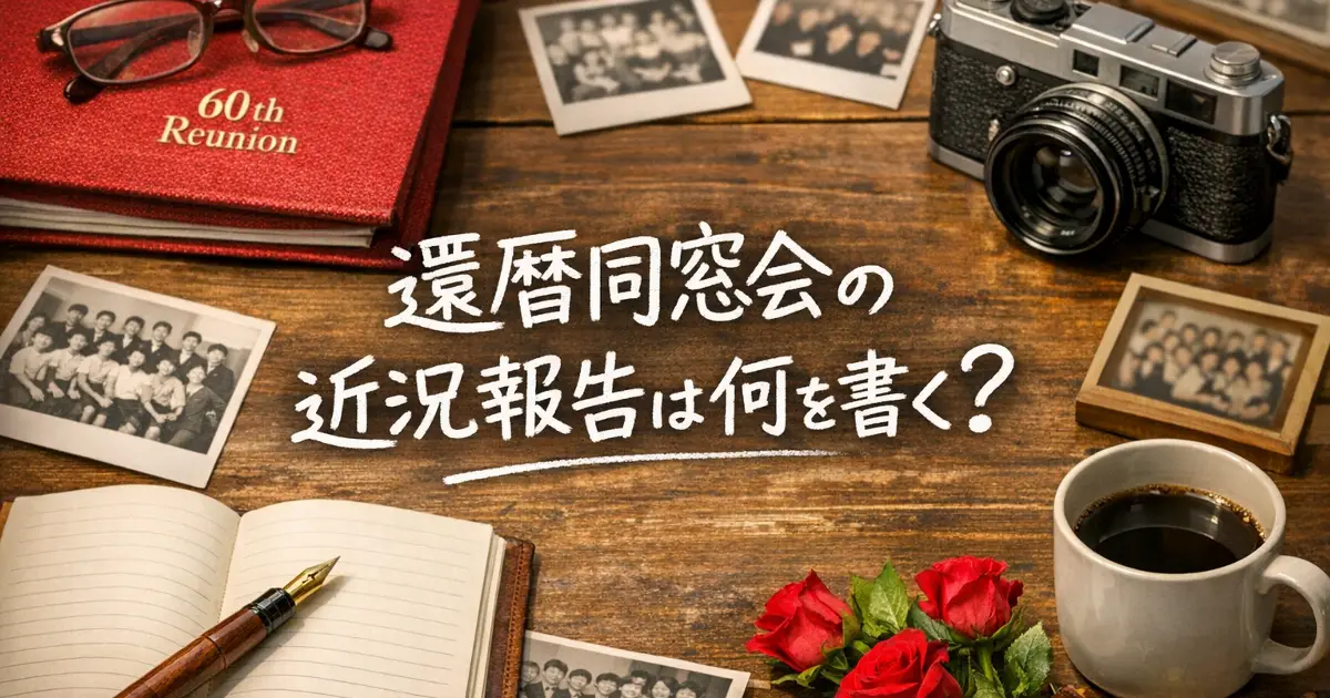 還暦同窓会の近況報告は何を書くのかをテーマに、写真やノート、小物が並んだアイキャッチ画像
