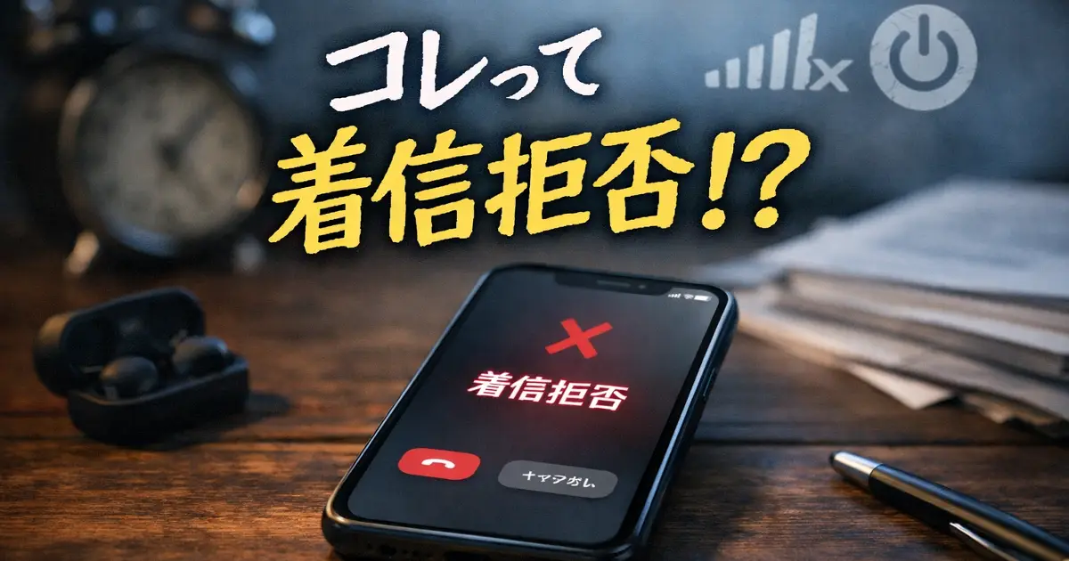 スマホの着信拒否画面を中心に、「コレって着信拒否！？」の手書き風文字を配置したブログ記事用アイキャッチ画像