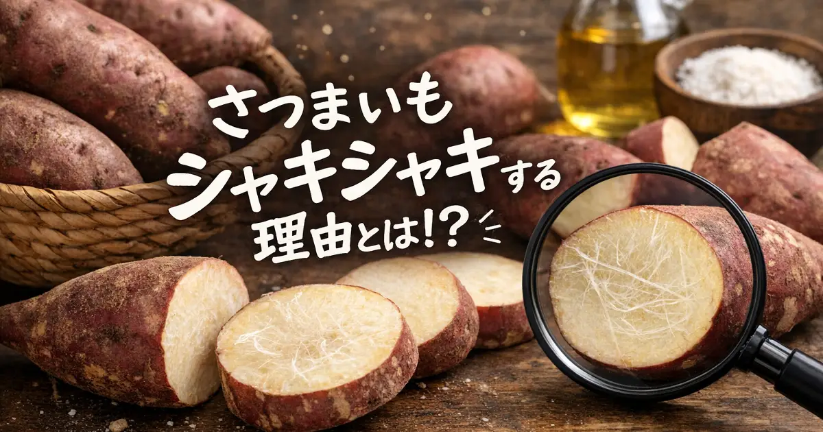 さつまいもがシャキシャキする理由を虫眼鏡でわかりやすく表現したアイキャッチ画像