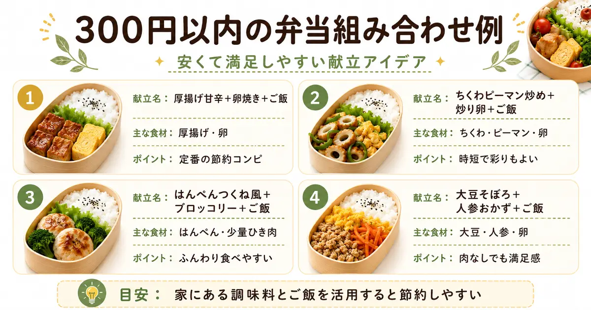 厚揚げ甘辛や卵焼きなど300円以内を目指せる弁当の組み合わせ例画像