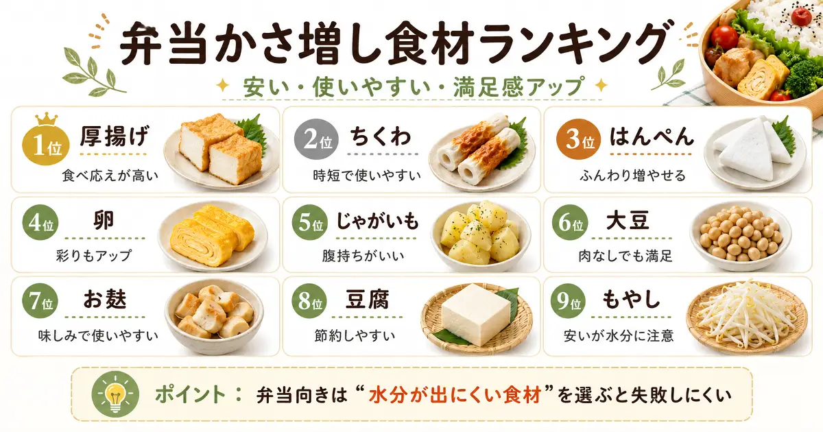 厚揚げやちくわ、はんぺんなど弁当のかさ増しに使える安い食材ランキング画像