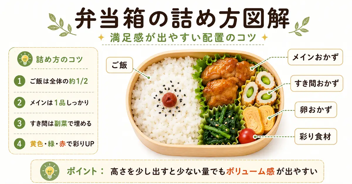 ご飯とメインおかず、すき間おかず、彩り食材の配置がわかる弁当箱の詰め方画像