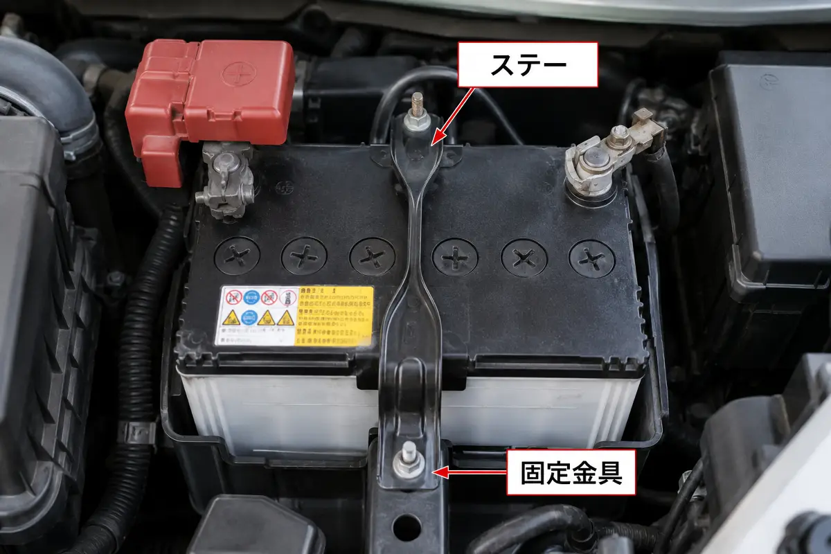 車のバッテリーを固定しているステーと固定金具の位置を示した画像