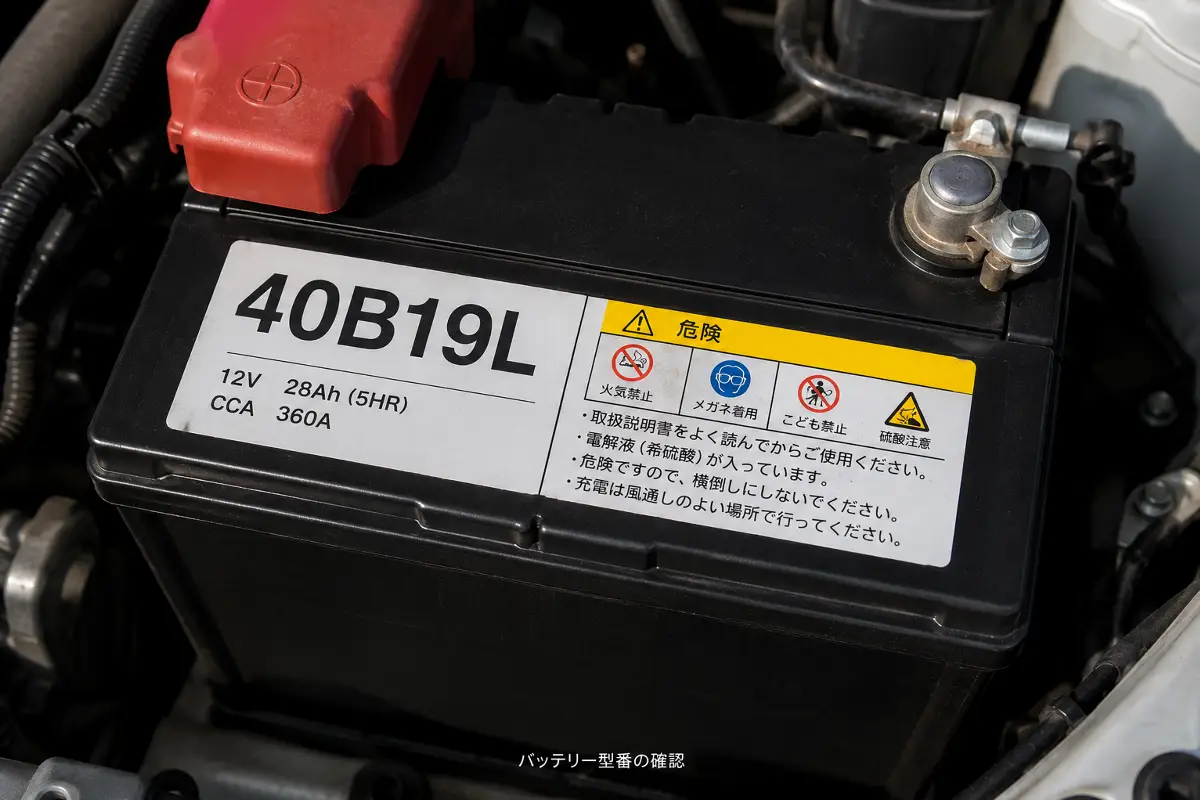 車のバッテリー本体に表示された40B19Lの型番を確認している画像