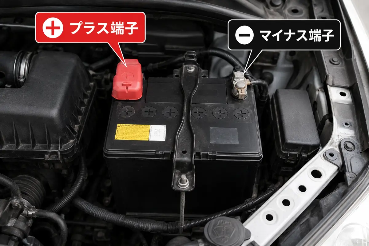 車のバッテリーのプラス端子とマイナス端子の位置を示した画像