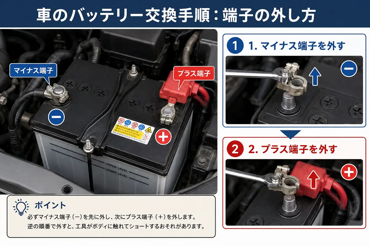 車のバッテリー交換でマイナス端子から外しプラス端子を外す手順を示した図解画像
