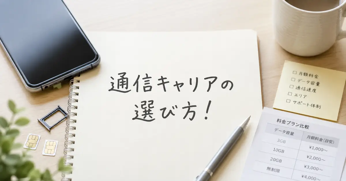 通信キャリアの選び方と料金プラン比較をスマホやSIMカードと一緒に確認しているアイキャッチ画像