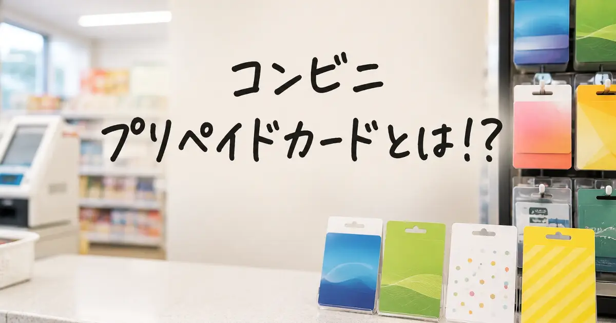 コンビニの店内に並ぶプリペイドカードと「コンビニプリペイドカードとは！？」の手書き風文字が入ったアイキャッチ画像