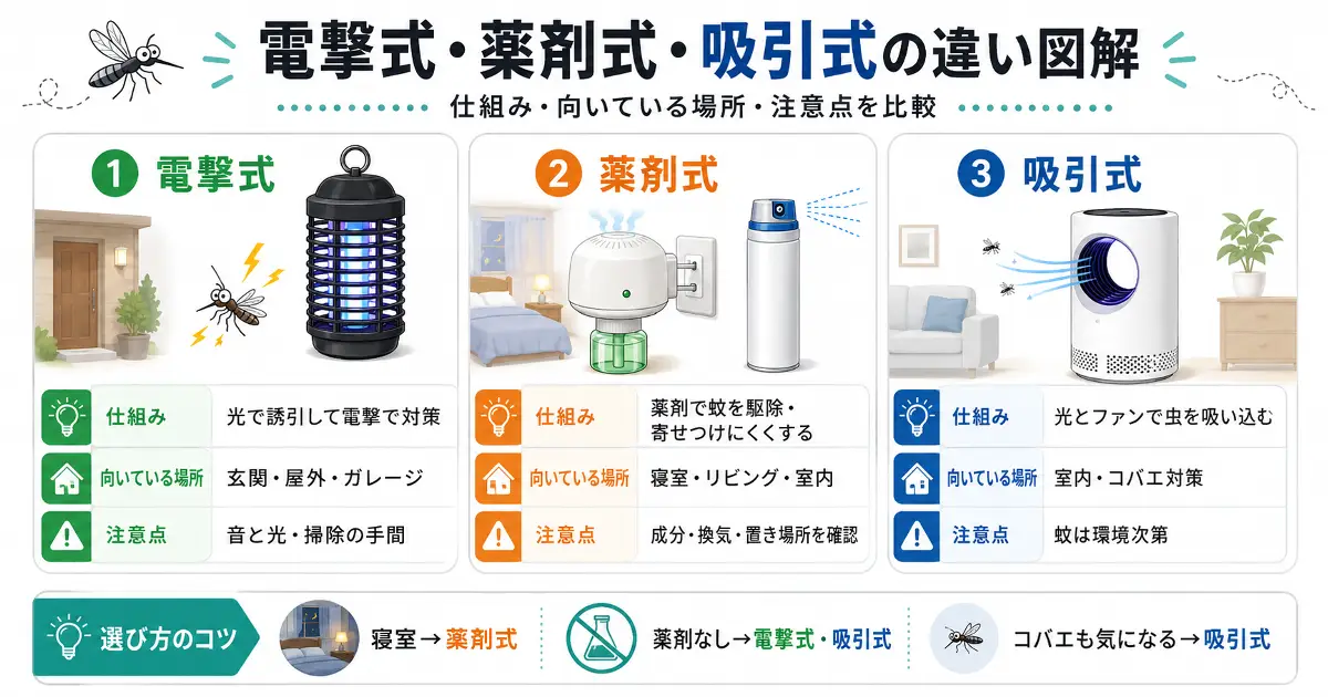 電撃式、薬剤式、吸引式の蚊取り器の仕組み、向いている場所、注意点を比較した図解