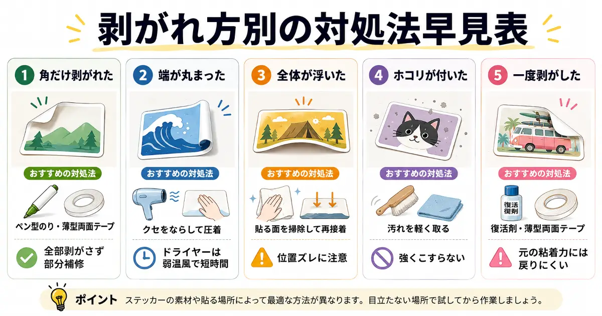 角だけ剥がれたシールや端が丸まったシールなど剥がれ方別の対処法を比較した早見表