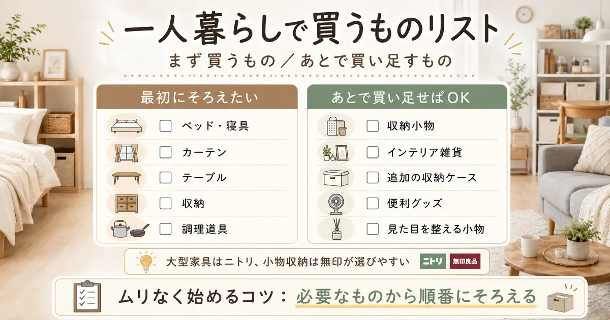 一人暮らしで買うものリスト画像。ベッドやカーテンなど最初にそろえるものと、収納小物やインテリア雑貨など後で買い足すものを解説。