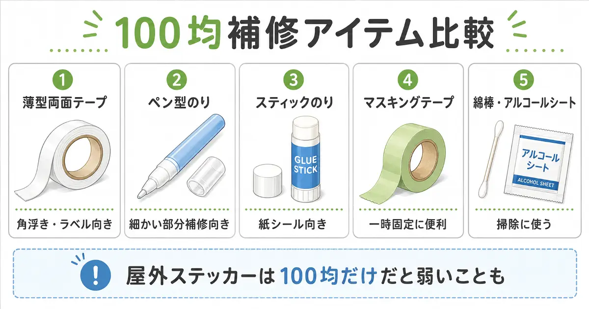 薄型両面テープやペン型のりなど100均で使えるシール補修アイテムを比較した画像