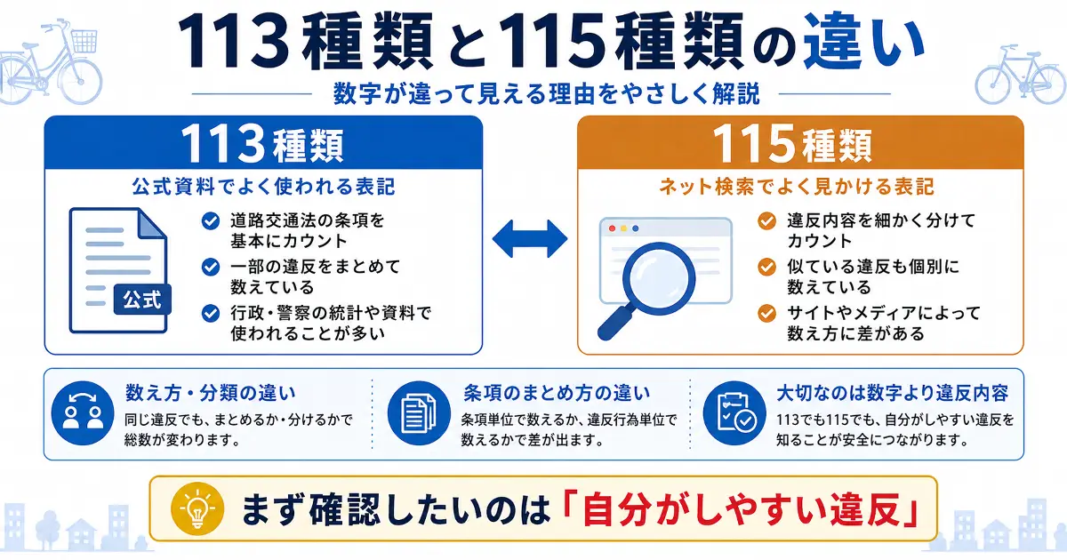 自転車青切符の113種類と115種類の違いを公式資料とネット検索での表記に分けて説明した図解