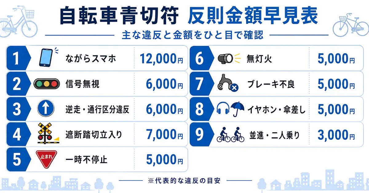 自転車青切符の反則金額早見表として主な違反と金額を一覧で示した図解