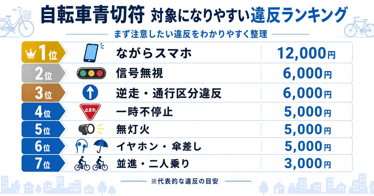 自転車青切符の対象になりやすい違反ランキングとながらスマホや信号無視の反則金を示した図解