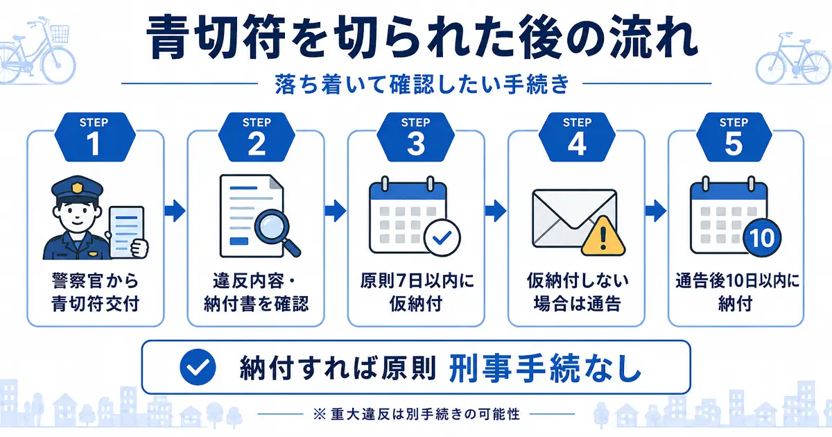 自転車青切符を切られた後の流れを交付から納付まで5ステップで示したフロー図