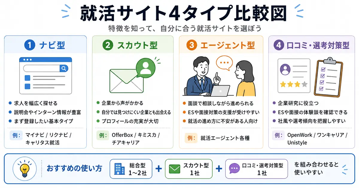 就活サイトの4タイプであるナビ型、スカウト型、エージェント型、口コミ・選考対策型の特徴を比較した図解