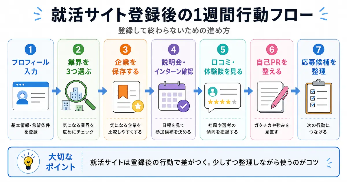 就活サイト登録後にプロフィール入力から応募候補整理までの流れを1週間でまとめた行動フロー図解
