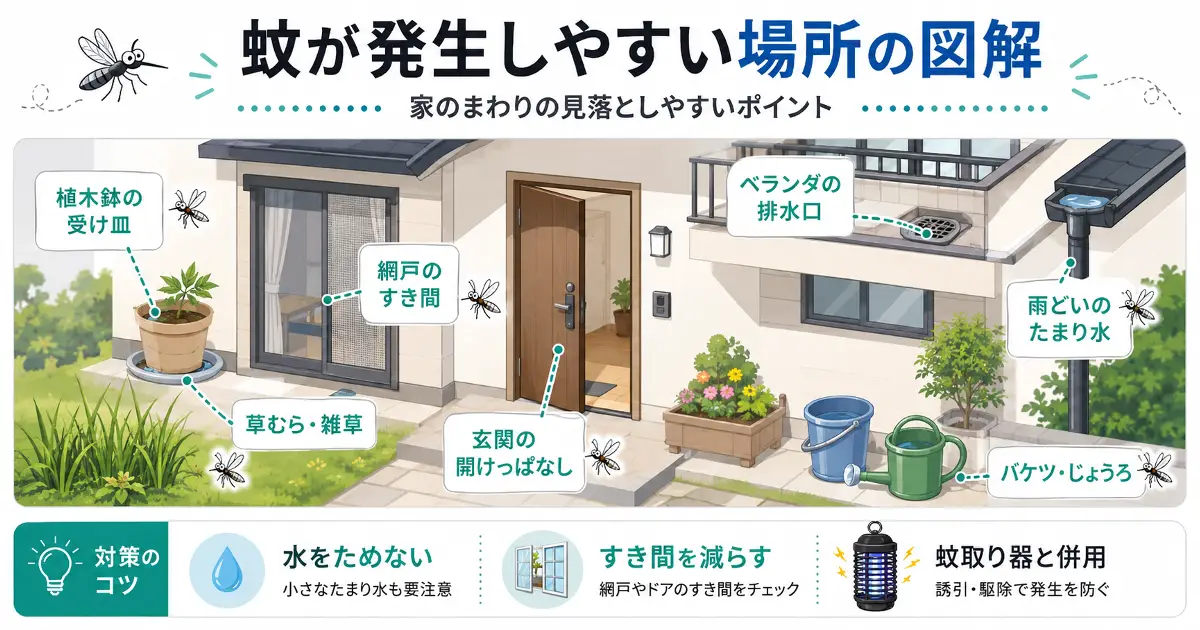 植木鉢の受け皿、ベランダの排水口、バケツ、雨どい、草むら、網戸、玄関など蚊が発生しやすい場所を示した図解