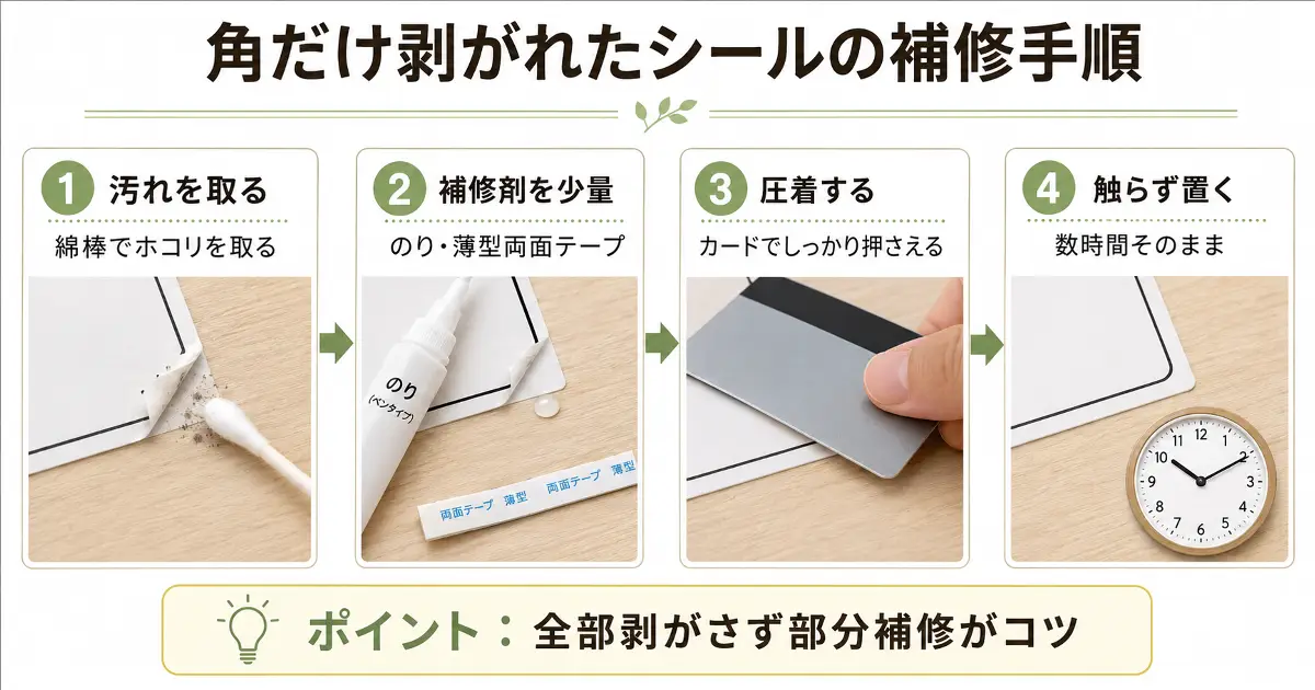 角だけ剥がれたシールを綿棒で掃除して補修剤を少量使い圧着する手順画像