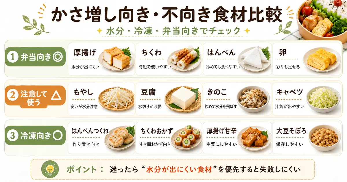 弁当のかさ増しに向いている食材と水分が出やすい注意食材を比較した画像