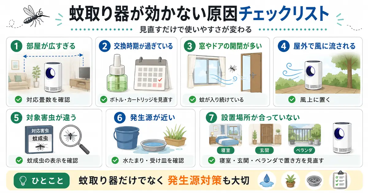部屋の広さ、交換時期、窓やドアの開閉、風、対象害虫、発生源、設置場所など蚊取り器が効かない原因をまとめたチェックリスト