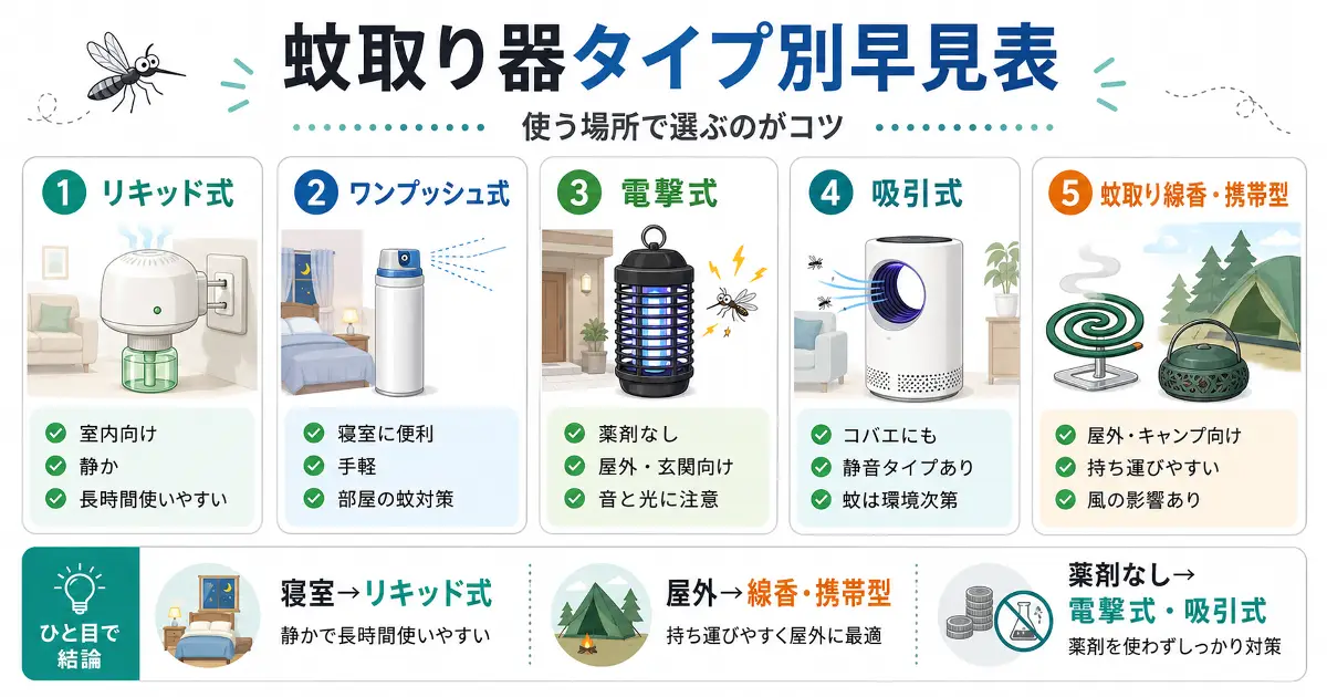 リキッド式、ワンプッシュ式、電撃式、吸引式、蚊取り線香・携帯型の違いをまとめた蚊取り器タイプ別早見表