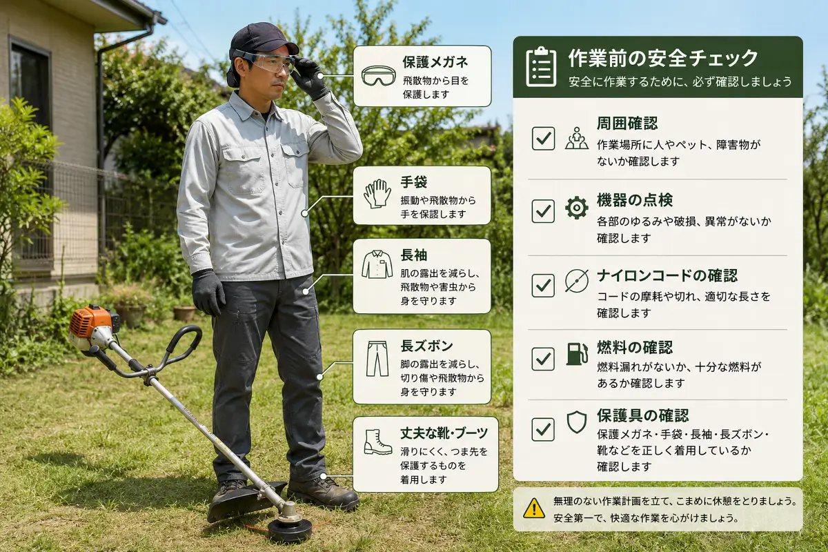 草刈り機ナイロンコードを使う前の保護メガネ・手袋・長袖・長ズボンなど安全装備チェック画像