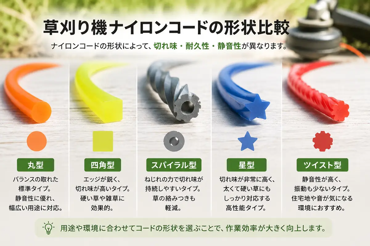 草刈り機ナイロンコードの丸型・四角型・スパイラル型・星型・ツイスト型の形状比較画像