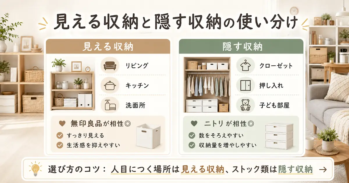 見える収納と隠す収納の使い分け画像。リビングやキッチンは無印良品、クローゼットや押し入れはニトリが向いていることを解説。
