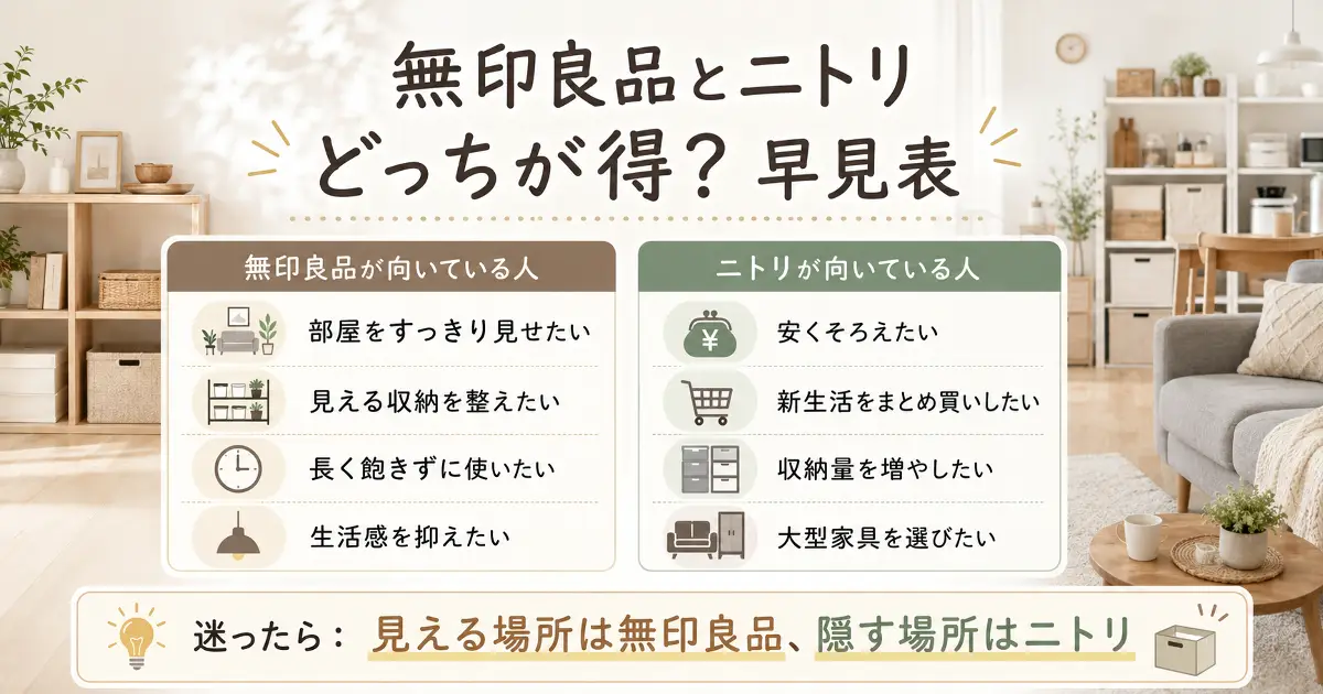無印良品とニトリはどっちが得かを比較した早見表画像。見える場所は無印良品、隠す場所はニトリという選び方を解説。