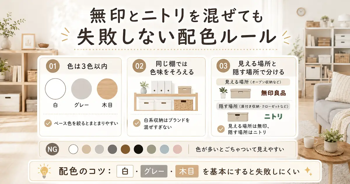 無印良品とニトリを混ぜても失敗しない配色ルール画像。白・グレー・木目を基本にすると部屋がまとまりやすいことを解説。