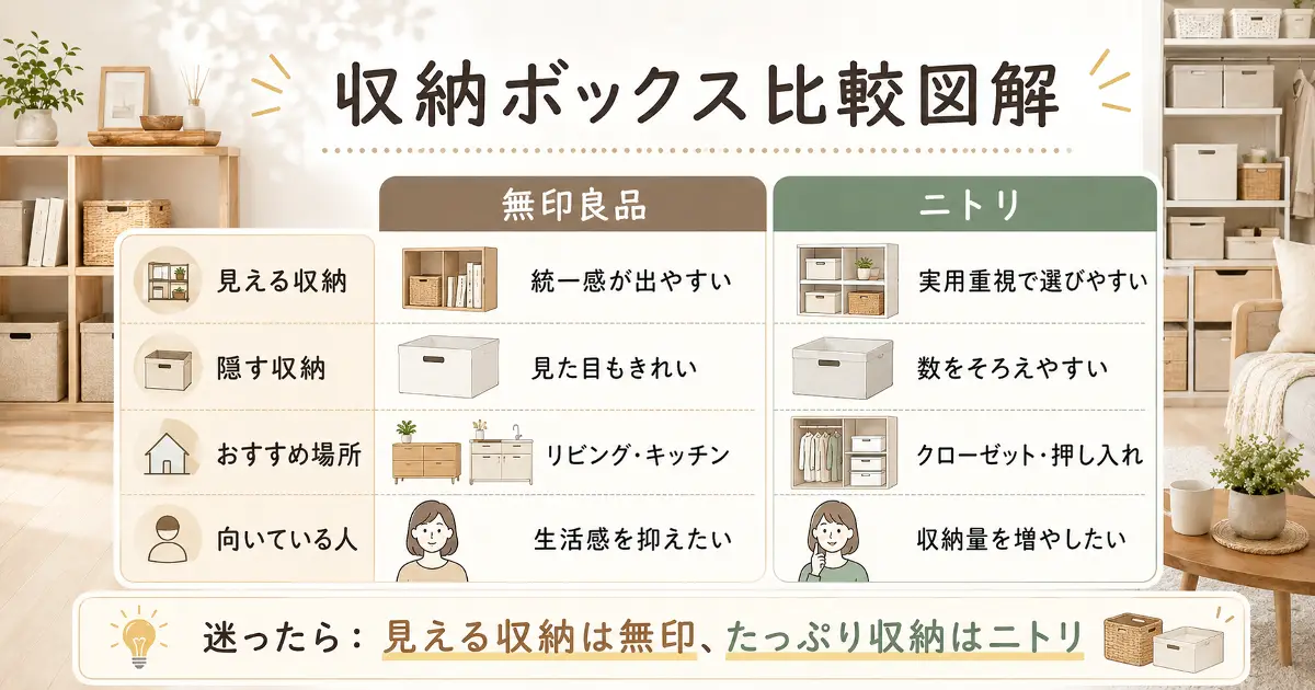 無印良品とニトリの収納ボックス比較図解。見える収納は無印良品、たっぷり収納はニトリが向いていることを解説。