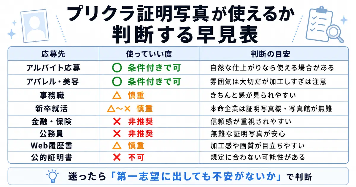 プリクラ証明写真がアルバイト応募や新卒就活で使えるかを応募先別に判断できる早見表