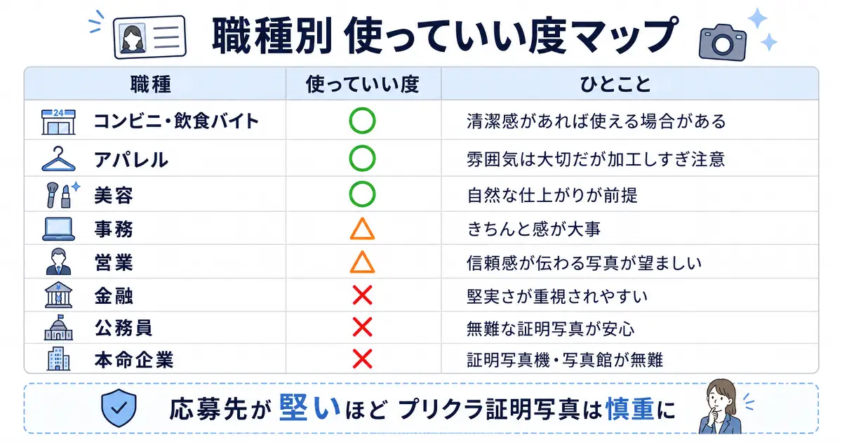 コンビニバイト、アパレル、美容、事務、営業、金融、公務員、本命企業別にプリクラ証明写真の使用可否を示した図解