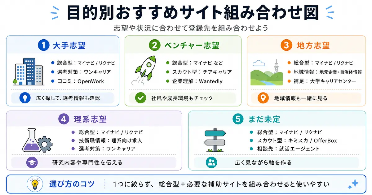 大手志望、ベンチャー志望、地方志望、理系志望、まだ未定の人向けの就活サイト組み合わせ例をまとめた図解
