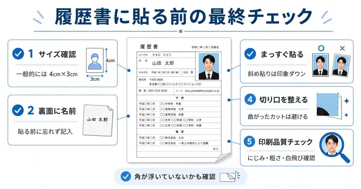 履歴書に証明写真を貼る前にサイズ確認、裏面記名、まっすぐ貼る、切り口、印刷品質を確認するチェック画像