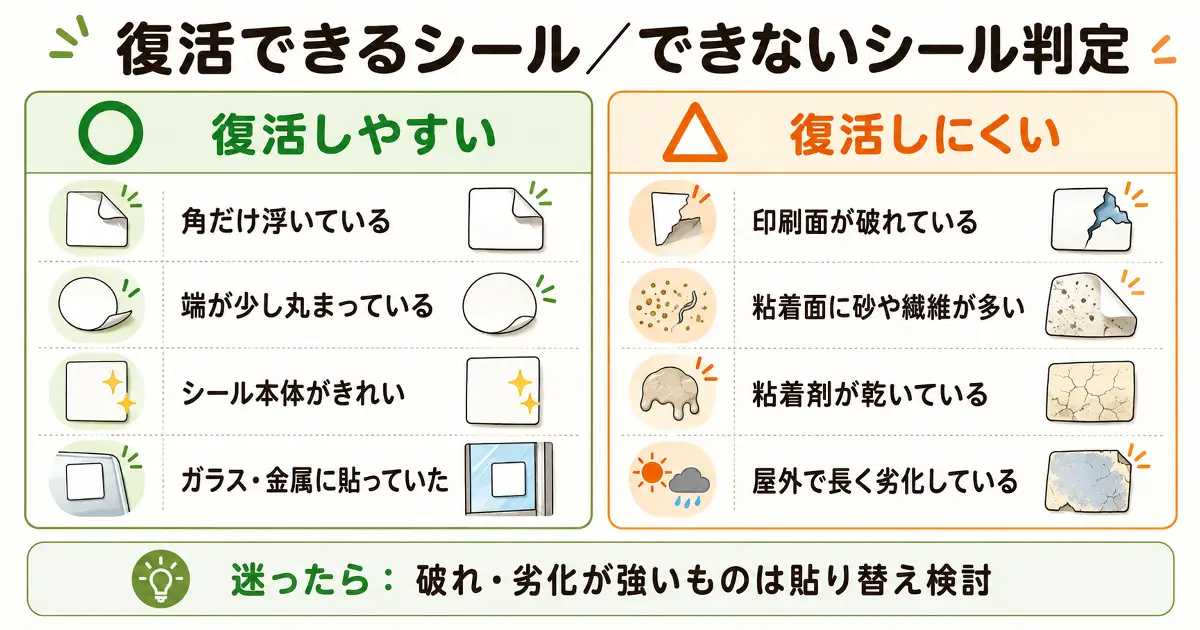 復活できるシールとできないシールの特徴を比較した判定表