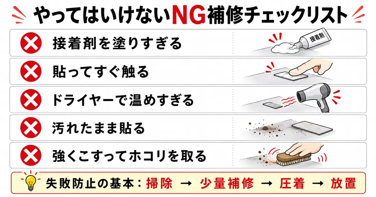 接着剤の塗りすぎや貼ってすぐ触るなどシール補修でやってはいけないNG例のチェックリスト