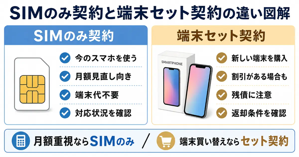 SIMのみ契約と端末セット契約の違いをスマホ購入や端末残債の注意点とともに比較した画像