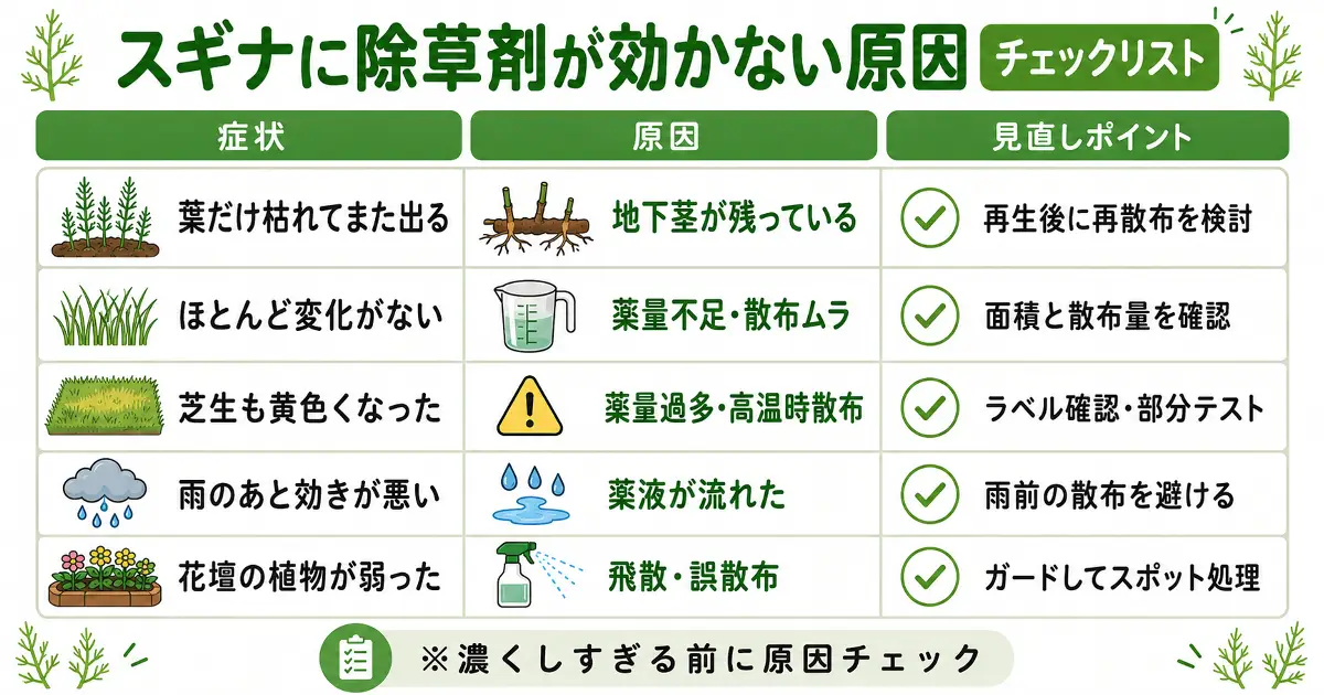 スギナに除草剤が効かない原因として地下茎の残り、薬量不足、雨、飛散などを症状別にまとめたチェックリスト画像