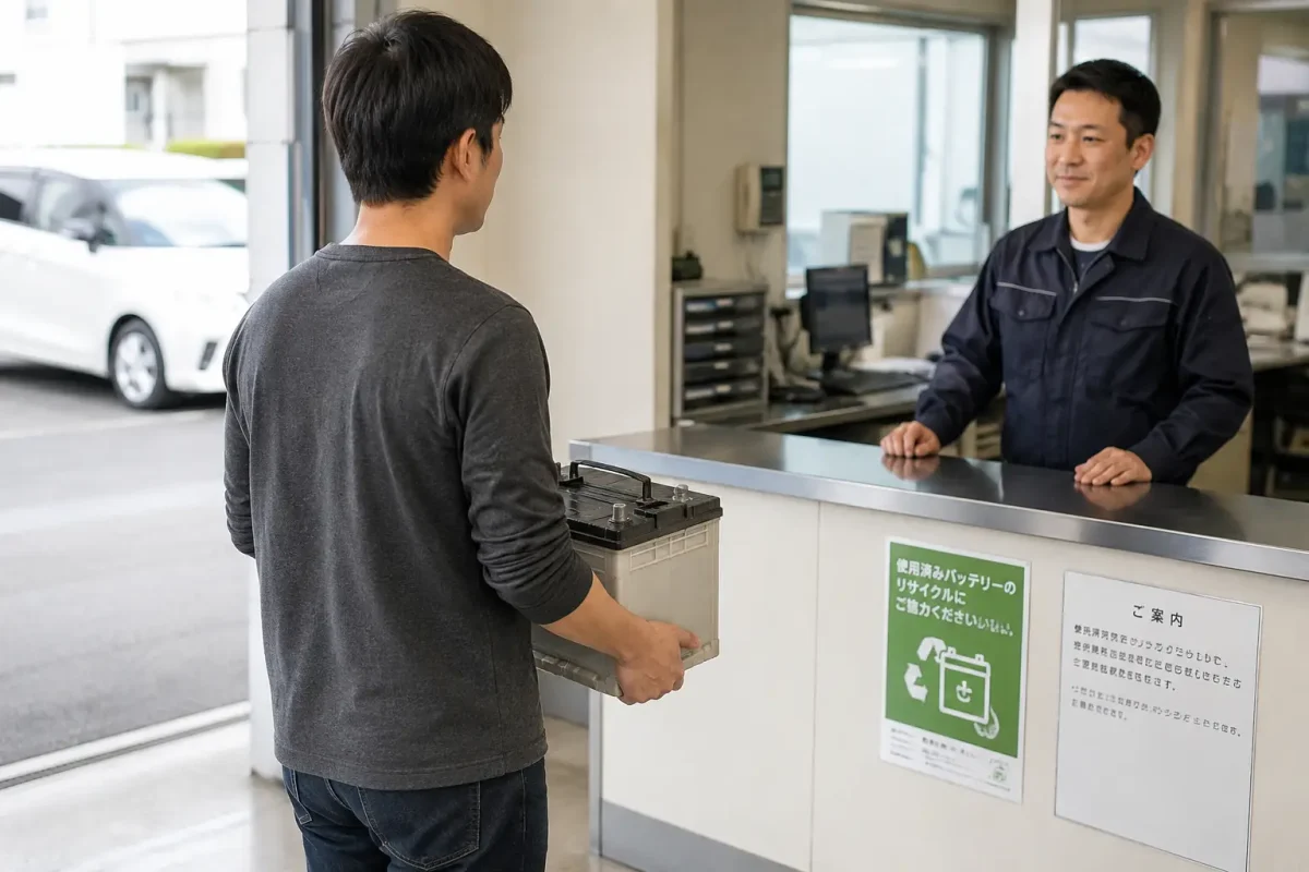 古い車用バッテリーを店舗の受付に持ち込んで回収を依頼している画像